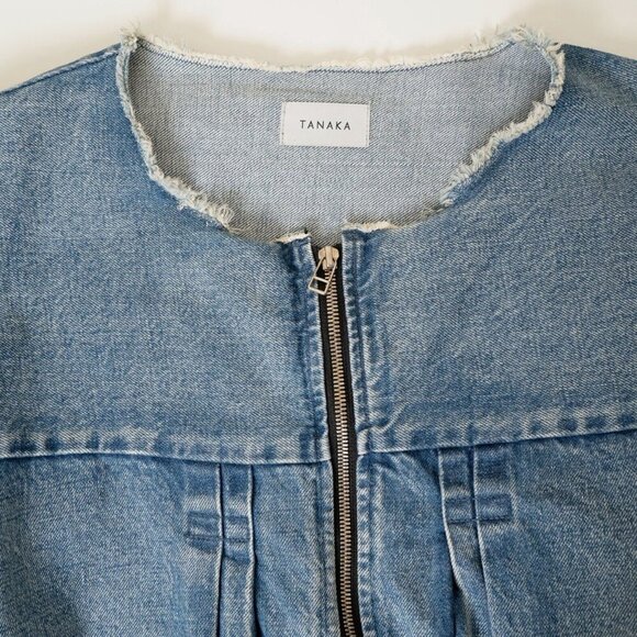 TANAKA Denim Work Jacket No Collar Raw Hem Zip Blue Mid Washed Unisex - Picture 3 of 13